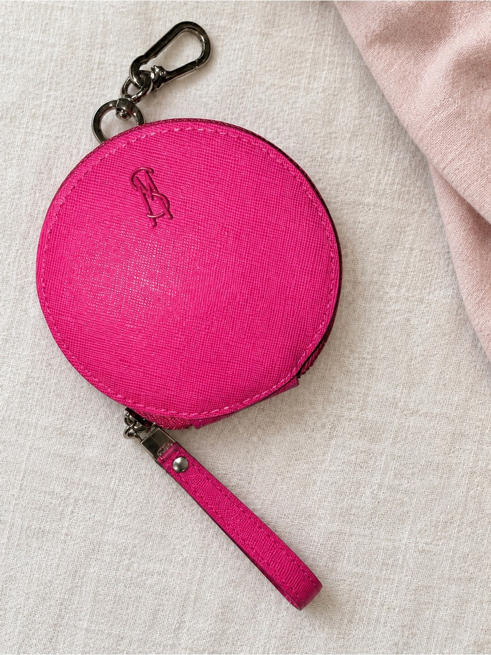Steve Madden Hot Pink Round Coin & Key Pouch with Clip and Zip Closure